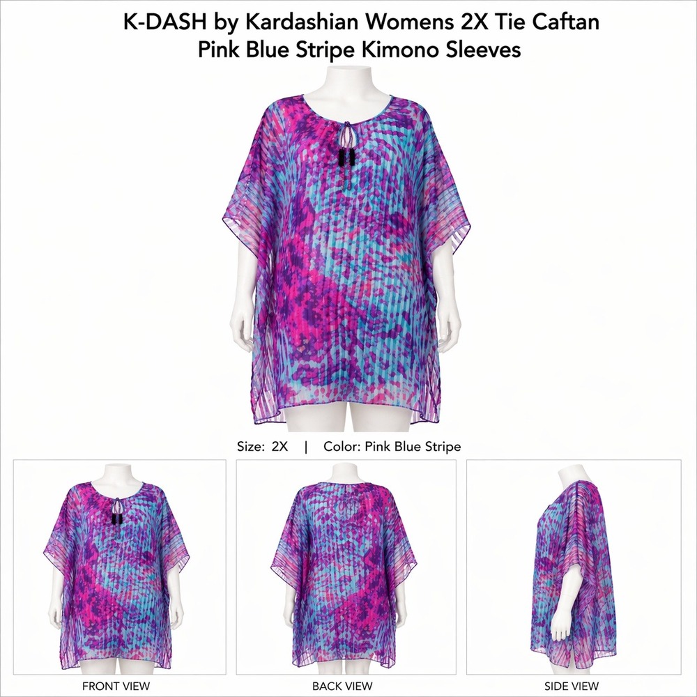 K-DASH by Kardashian Womens 2X Tie Caftan Pink Blue Stripe Kimono Sleeve A224091